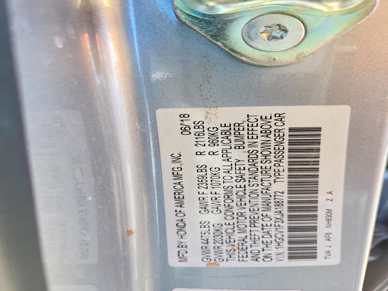 2018 Honda Accord მანქანა იყიდება აუქციონზე, vin: 1HGCV1F3XJA188772, აუქციონის ნომერი: 48337126