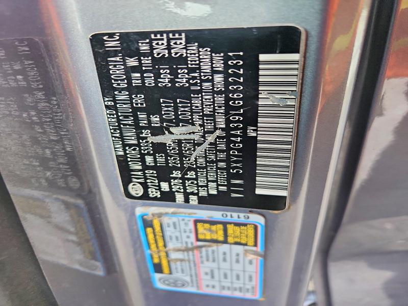50608886 :رقم المزاد ، 5XYPG4A39LG632231 vin ، 2020 Kia Sorento مزاد بيع