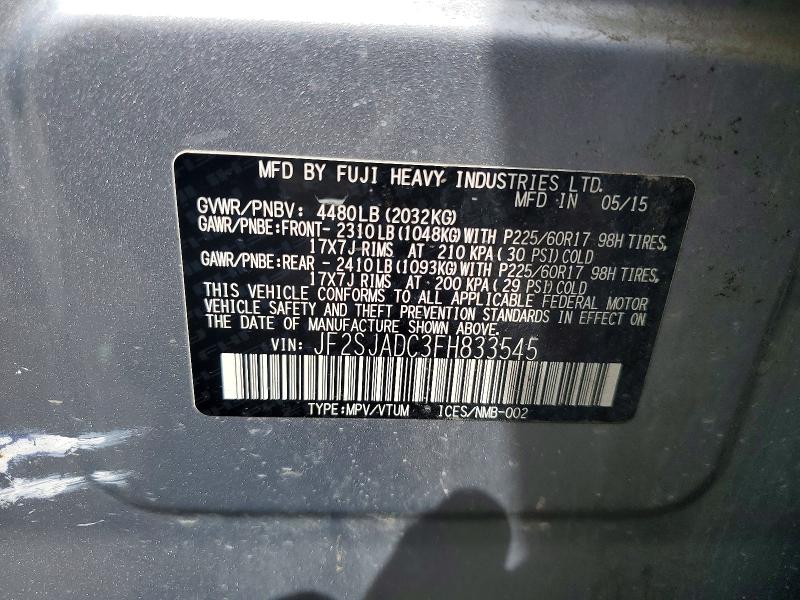 Aukcja sprzedaży 2015 Subaru Forester, vin: JF2SJADC3FH833545, numer aukcji: 50094496