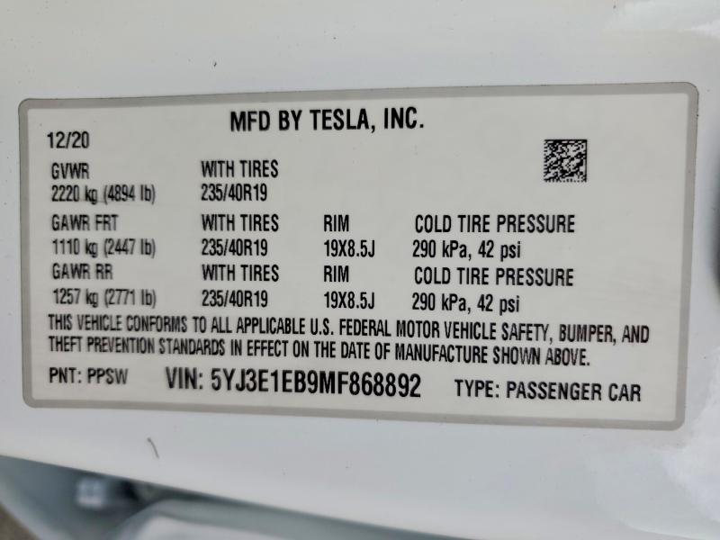 2021 Tesla Model 3 მანქანა იყიდება აუქციონზე, vin: 5YJ3E1EB9MF868892, აუქციონის ნომერი: 49065586