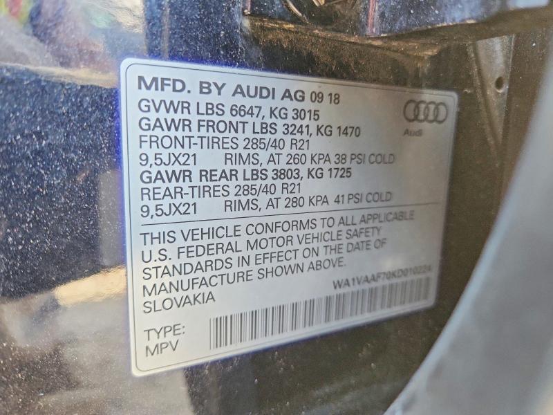 2019 Audi Q7 მანქანა იყიდება აუქციონზე, vin: WA1VAAF70KD010224, აუქციონის ნომერი: 47950186