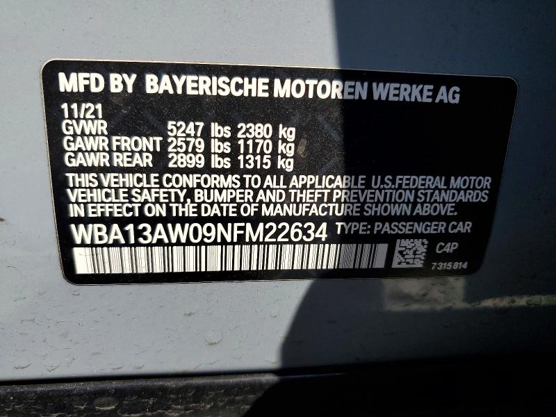 49569126 :رقم المزاد ، WBA13AW09NFM22634 vin ، 2022 Bmw M440xi مزاد بيع
