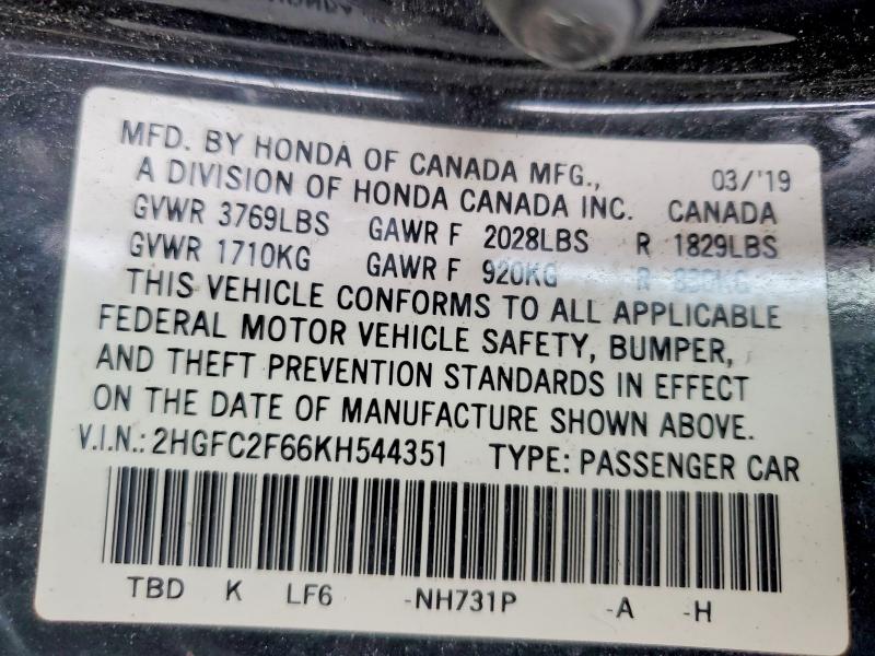 Продажа на аукционе авто 2019 Honda Civic, vin: 2HGFC2F66KH544351, номер лота: 51564696