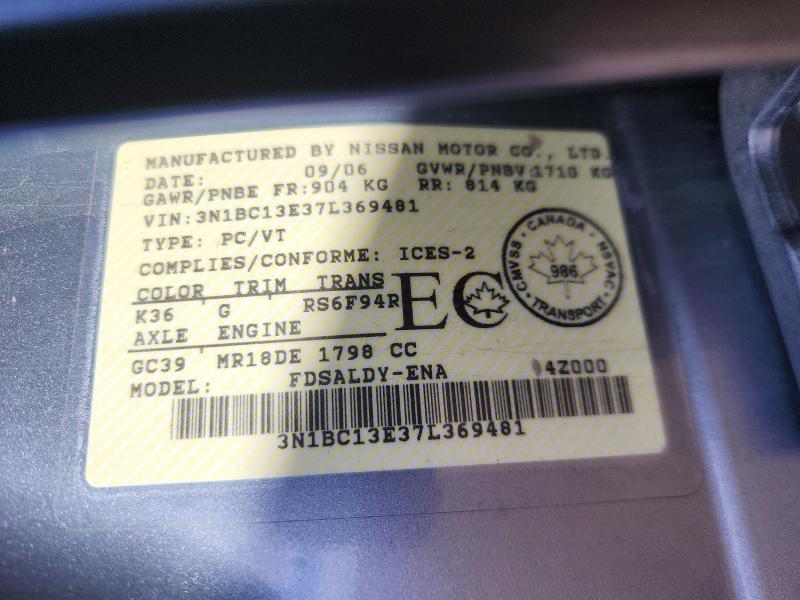 50741096 :رقم المزاد ، 3N1BC13E37L369481 vin ، 2007 Nissan Versa مزاد بيع
