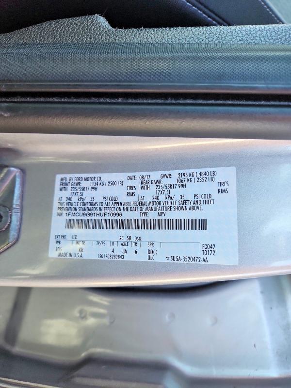 2017 Ford Escape მანქანა იყიდება აუქციონზე, vin: 1FMCU9G91HUF10996, აუქციონის ნომერი: 51260786