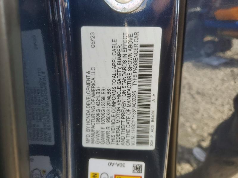 2023 Honda Accord მანქანა იყიდება აუქციონზე, vin: 1HGCY1F35PA032395, აუქციონის ნომერი: 49059526