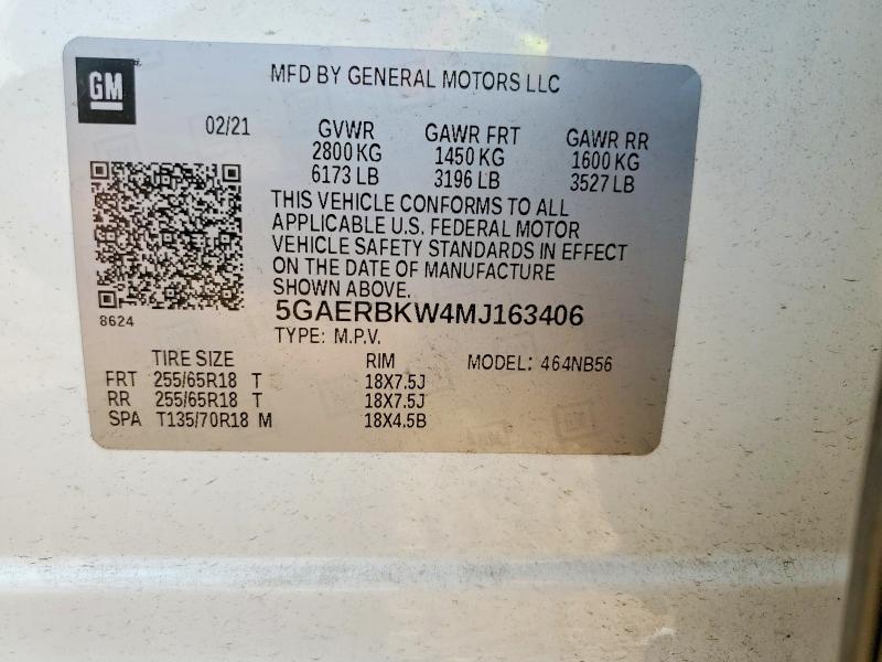 50885176 :رقم المزاد ، 5GAERBKW4MJ163406 vin ، 2021 Buick Enclave مزاد بيع