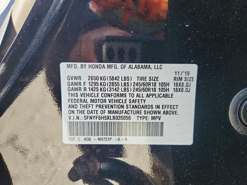 50701886 :رقم المزاد ، 5FNYF6H5XLB035056 vin ، 2020 Honda Pilot مزاد بيع