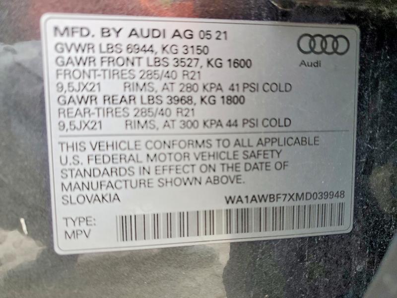 50561896 :رقم المزاد ، WA1AWBF7XMD039948 vin ، 2021 Audi Sq7 مزاد بيع