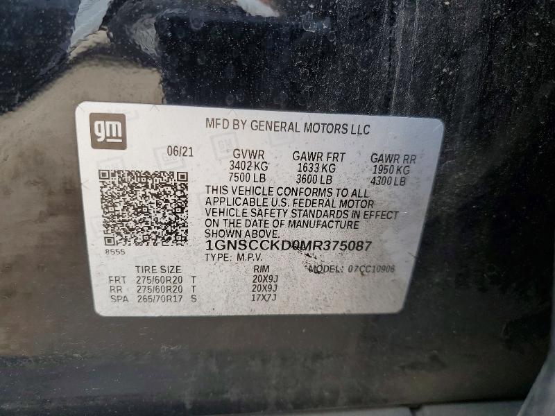 47477926 :رقم المزاد ، 1GNSCCKD0MR375087 vin ، 2021 Chevrolet Suburban مزاد بيع