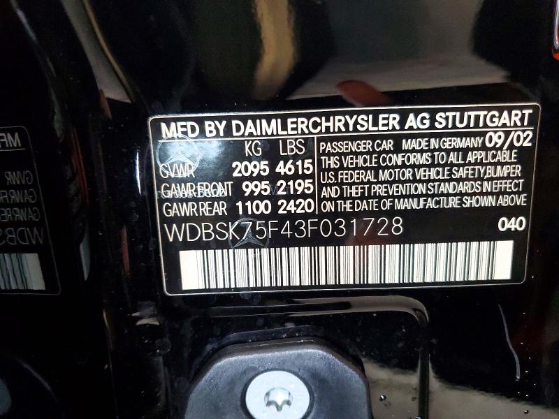 Aukcja sprzedaży 2003 Mercedes-benz Sl, vin: WDBSK75F43F031728, numer aukcji: 50627706