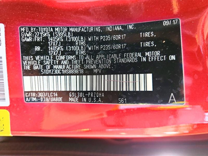 51677826 :رقم المزاد ، 5TDYZ3DC1HS889818 vin ، 2017 Toyota Sienna مزاد بيع