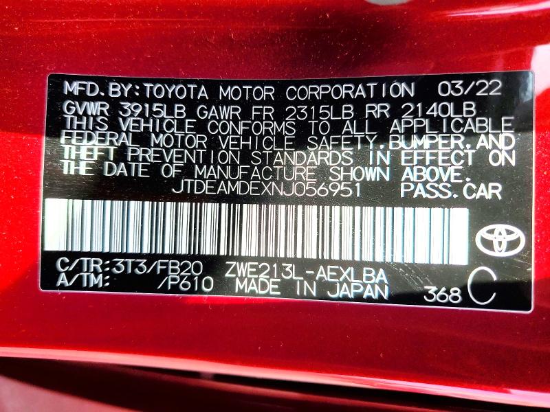2022 Toyota Corolla მანქანა იყიდება აუქციონზე, vin: JTDEAMDEXNJ056951, აუქციონის ნომერი: 50177106
