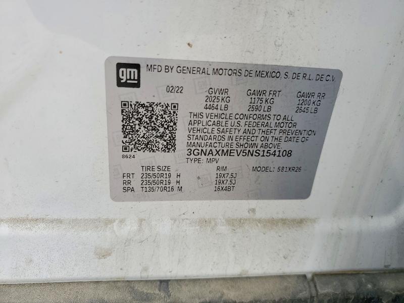 Aukcja sprzedaży 2022 Chevrolet Equinox, vin: 3GNAXMEV5NS154108, numer aukcji: 50396826