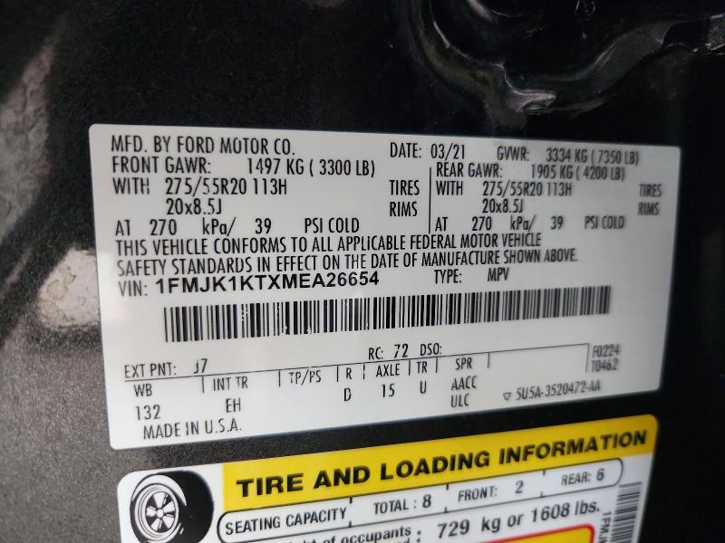 2021 Ford Expedition მანქანა იყიდება აუქციონზე, vin: 1FMJK1KTXMEA26654, აუქციონის ნომერი: 63445706