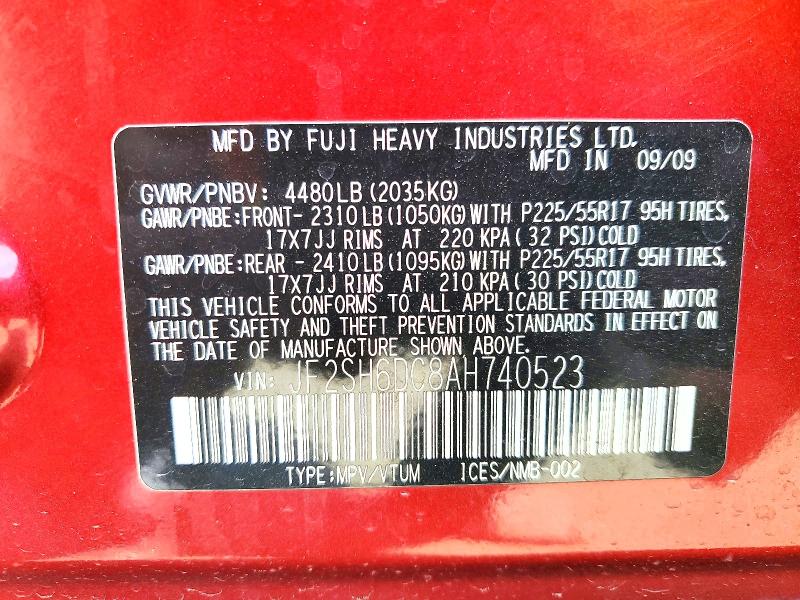 2010 Subaru Forester მანქანა იყიდება აუქციონზე, vin: JF2SH6DC8AH740523, აუქციონის ნომერი: 50738536