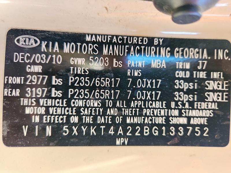 49409206 :رقم المزاد ، 5XYKT4A22BG133752 vin ، 2011 Kia Sorento مزاد بيع