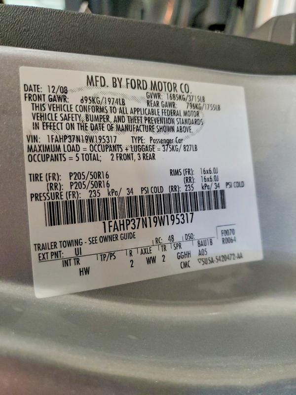 49497836 :رقم المزاد ، 1FAHP37N19W195317 vin ، 2009 Ford Focus مزاد بيع
