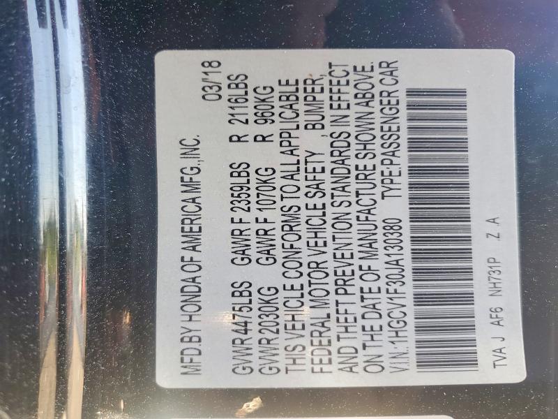 Aukcja sprzedaży 2018 Honda Accord, vin: 1HGCV1F30JA130380, numer aukcji: 49775286