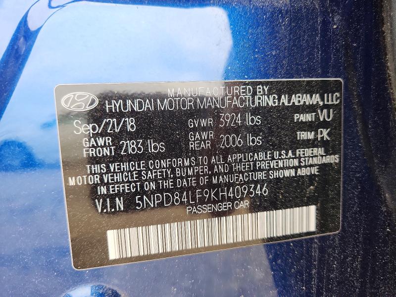 2019 Hyundai Elantra მანქანა იყიდება აუქციონზე, vin: 5NPD84LF9KH409346, აუქციონის ნომერი: 48956916