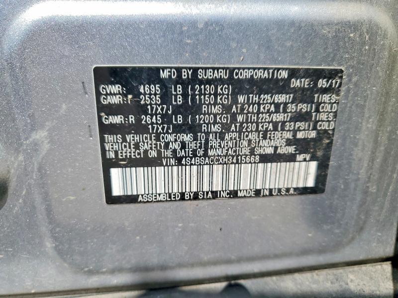 2017 Subaru Outback მანქანა იყიდება აუქციონზე, vin: 4S4BSACCXH3415668, აუქციონის ნომერი: 51137736