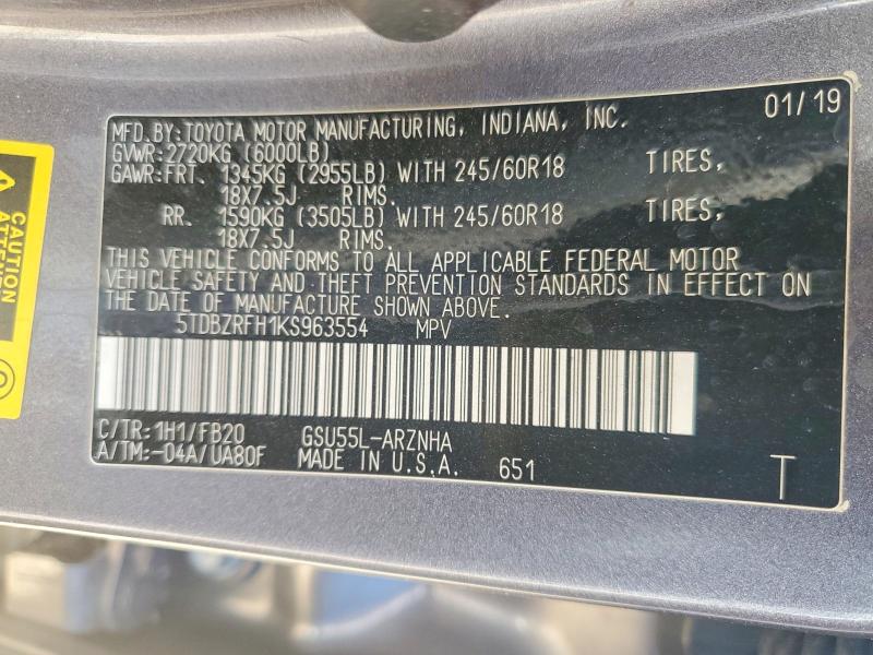 Aukcja sprzedaży 2019 Toyota Highlander, vin: 5TDBZRFH1KS963554, numer aukcji: 49044646