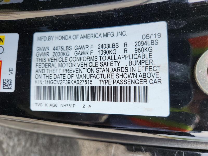 Aukcja sprzedaży 2019 Honda Accord, vin: 1HGCV2F39KA027515, numer aukcji: 49679046