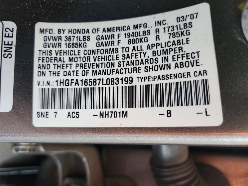 Продаж на аукціоні авто 2007 Honda Civic, vin: 1HGFA16587L083199, номер лоту: 51490936