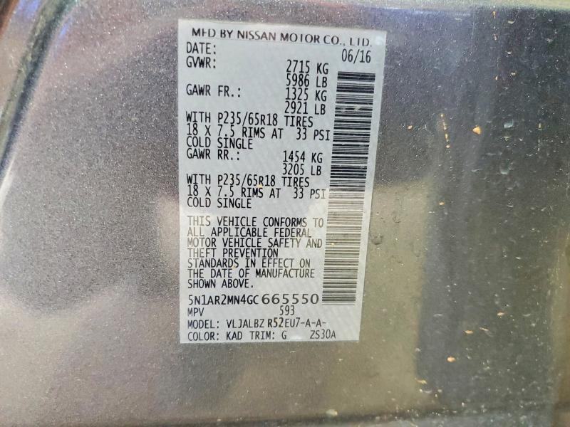 2016 Nissan Pathfinder მანქანა იყიდება აუქციონზე, vin: 5N1AR2MN4GC665550, აუქციონის ნომერი: 50847816
