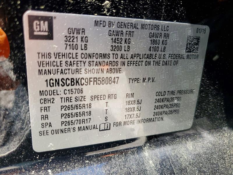 2015 Chevrolet Tahoe მანქანა იყიდება აუქციონზე, vin: 1GNSCBKC9FR580847, აუქციონის ნომერი: 50123906