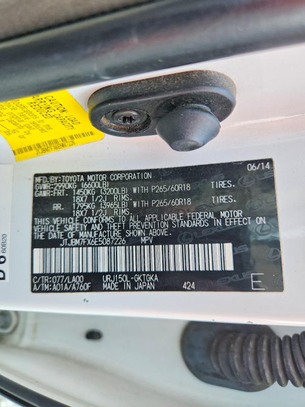 Aukcja sprzedaży 2014 Lexus Gx, vin: JTJBM7FX6E5087226, numer aukcji: 50498896