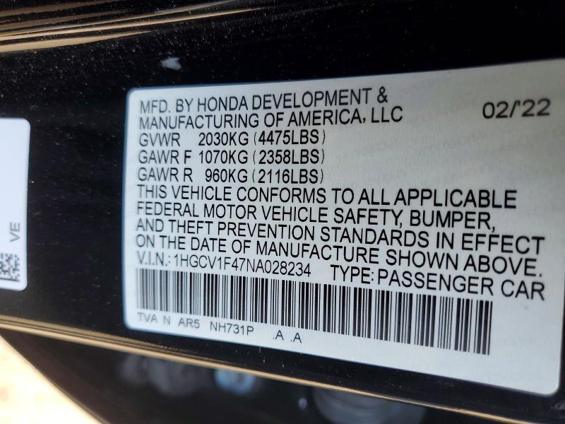 2022 Honda Accord მანქანა იყიდება აუქციონზე, vin: 1HGCV1F47NA028234, აუქციონის ნომერი: 48647676