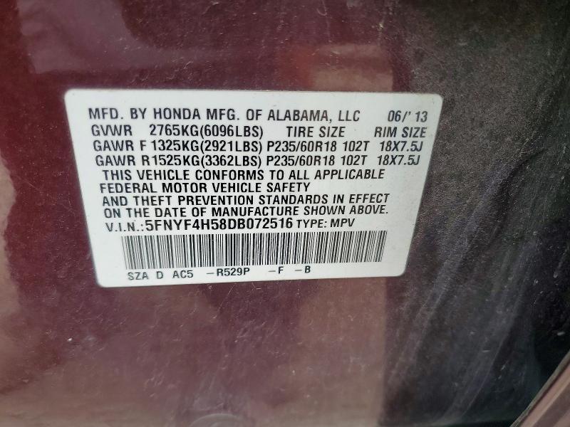 Продаж на аукціоні авто 2013 Honda Pilot, vin: 5FNYF4H58DB072516, номер лоту: 51109426