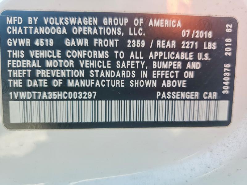 2017 Volkswagen Passat მანქანა იყიდება აუქციონზე, vin: 1VWDT7A35HC003297, აუქციონის ნომერი: 48894736