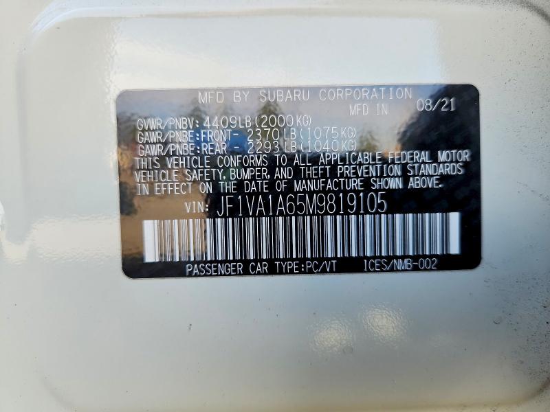 50631566 :رقم المزاد ، JF1VA1A65M9819105 vin ، 2021 Subaru Wrx مزاد بيع