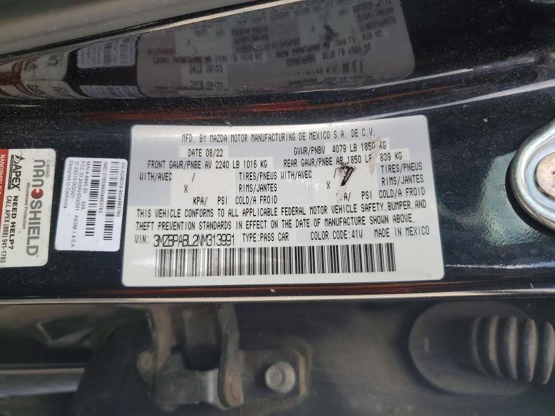 2022 Mazda 3 მანქანა იყიდება აუქციონზე, vin: 3MZBPABL2NM313991, აუქციონის ნომერი: 48439206