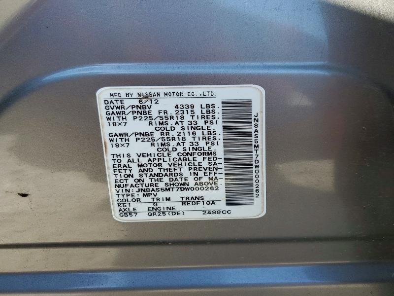 49972196 :رقم المزاد ، JN8AS5MT7DW000262 vin ، 2013 Nissan Rogue مزاد بيع