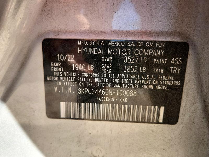 Продаж на аукціоні авто 2022 Hyundai Accent, vin: 3KPC24A60NE190088, номер лоту: 49111816
