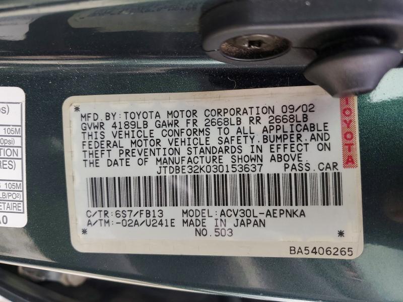 Aukcja sprzedaży 2003 Toyota Camry, vin: JTDBE32K030153637, numer aukcji: 47834926