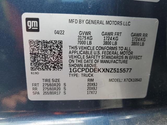 2022 Chevrolet Silverado მანქანა იყიდება აუქციონზე, vin: 1GCPDDEKXNZ515577, აუქციონის ნომერი: 51991846