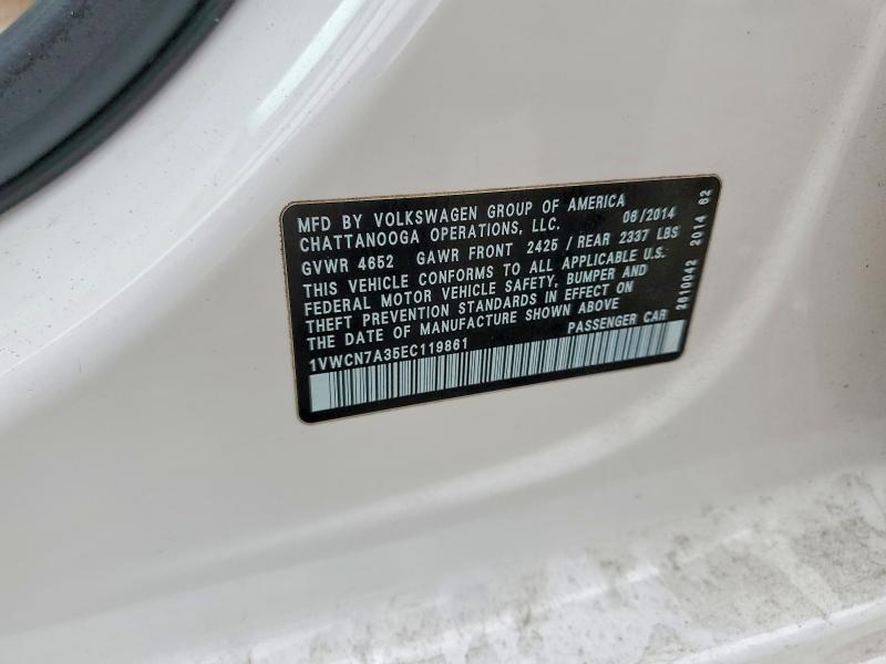 2014 Volkswagen Passat მანქანა იყიდება აუქციონზე, vin: 1VWCN7A35EC119861, აუქციონის ნომერი: 50261526