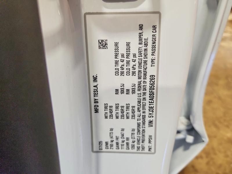 2025 Tesla Model 3 მანქანა იყიდება აუქციონზე, vin: 5YJ3E1EA0SF056269, აუქციონის ნომერი: 49954596