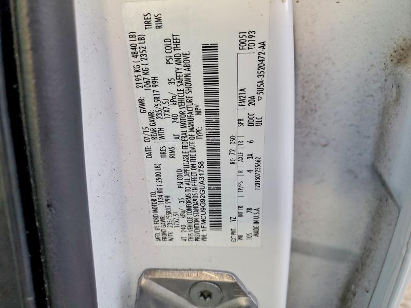 49569646 :رقم المزاد ، 1FMCU9G92GUA31758 vin ، 2016 Ford Escape مزاد بيع