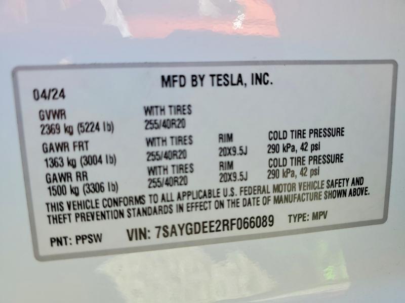 50336496 :رقم المزاد ، 7SAYGDEE2RF066089 vin ، 2024 Tesla Model Y مزاد بيع
