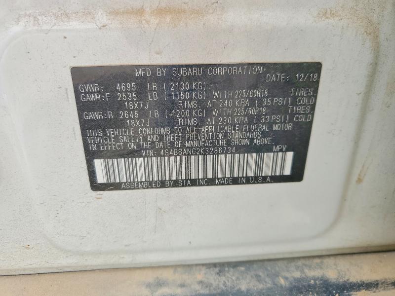 2019 Subaru Outback მანქანა იყიდება აუქციონზე, vin: 4S4BSANC2K3286734, აუქციონის ნომერი: 49773796