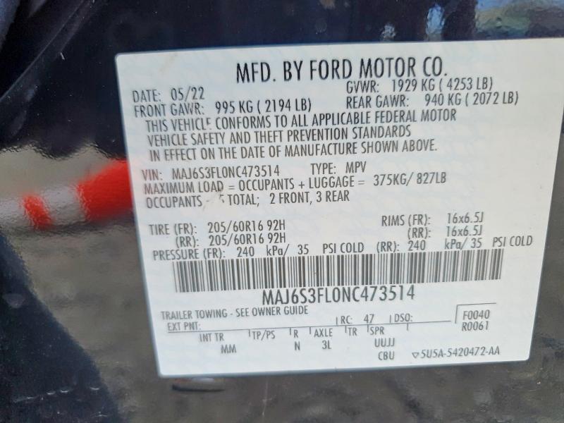 50479916 :رقم المزاد ، MAJ6S3FL0NC473514 vin ، 2022 Ford Ecosport مزاد بيع