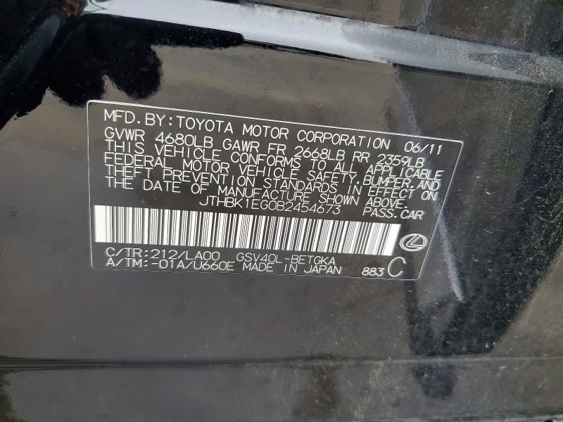50911766 :رقم المزاد ، JTHBK1EG0B2454673 vin ، 2011 Lexus Es مزاد بيع
