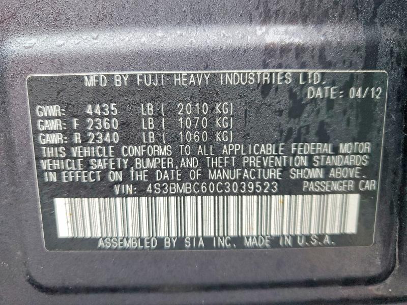 Aukcja sprzedaży 2012 Subaru Legacy, vin: 4S3BMBC60C3039523, numer aukcji: 46816076