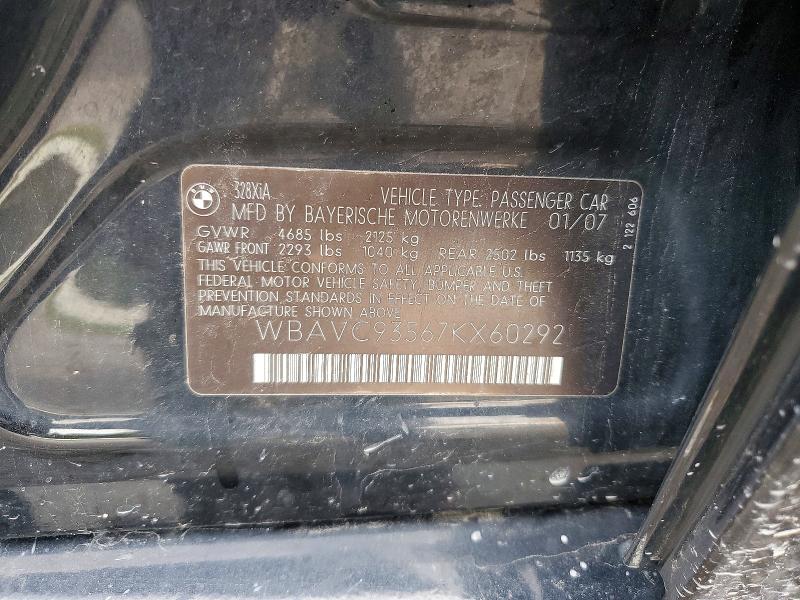 2007 Bmw 328 მანქანა იყიდება აუქციონზე, vin: WBAVC93567KX60292, აუქციონის ნომერი: 50104536