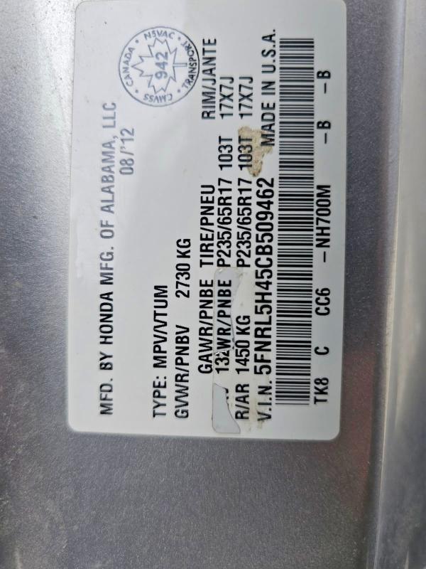 46526016 :رقم المزاد ، 5FNRL5H45CB509462 vin ، 2012 Honda Odyssey مزاد بيع
